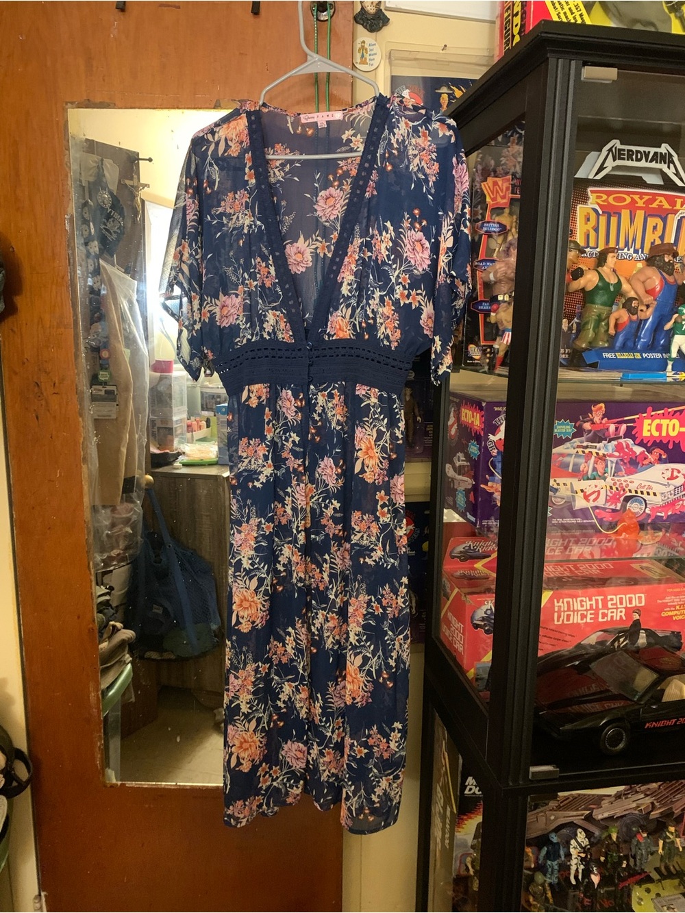 Crave Fame Navy Floral Kimono with Pink & Orange Accents